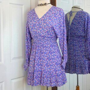 Boho Peasant Mini Dress XS Long Sleeve  Ruffle Hem Open Back